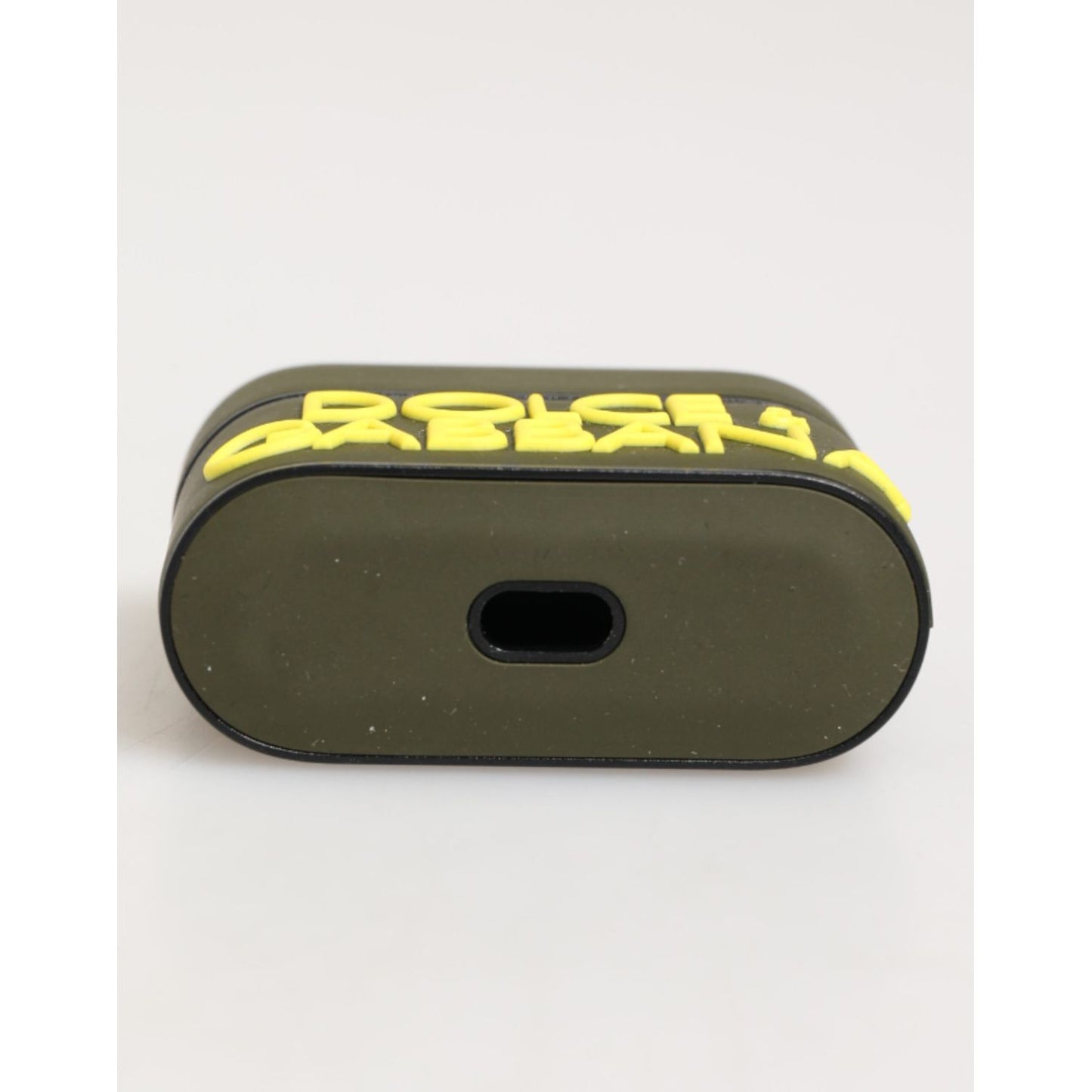 Dolce & Gabbana Army Green Rubber Logo Embossed Accessory Airpods Case with yellow branding on the side view