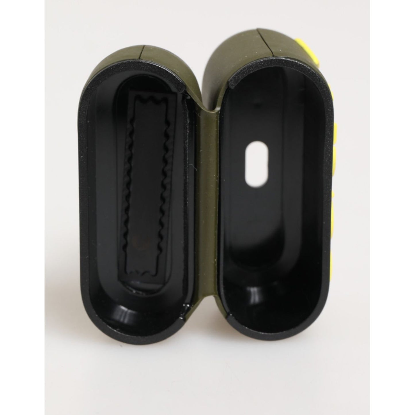 Dolce & Gabbana Army Green Rubber Logo Embossed Accessory Airpods Case open view showing interior compartments