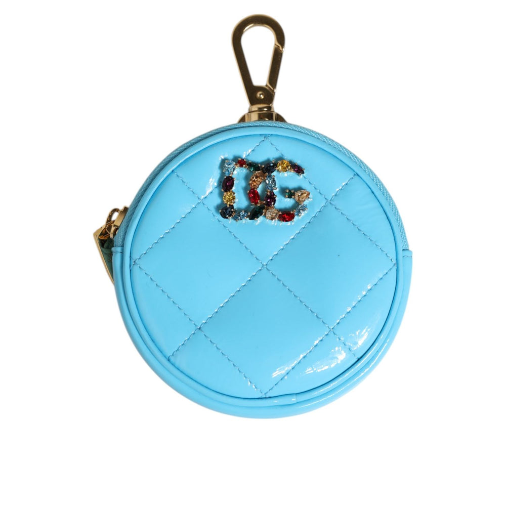 Dolce & Gabbana Azure Blue Leather Round Coin Purse Keychain Crystal Logo Wallet with gold-tone hardware and quilted design.