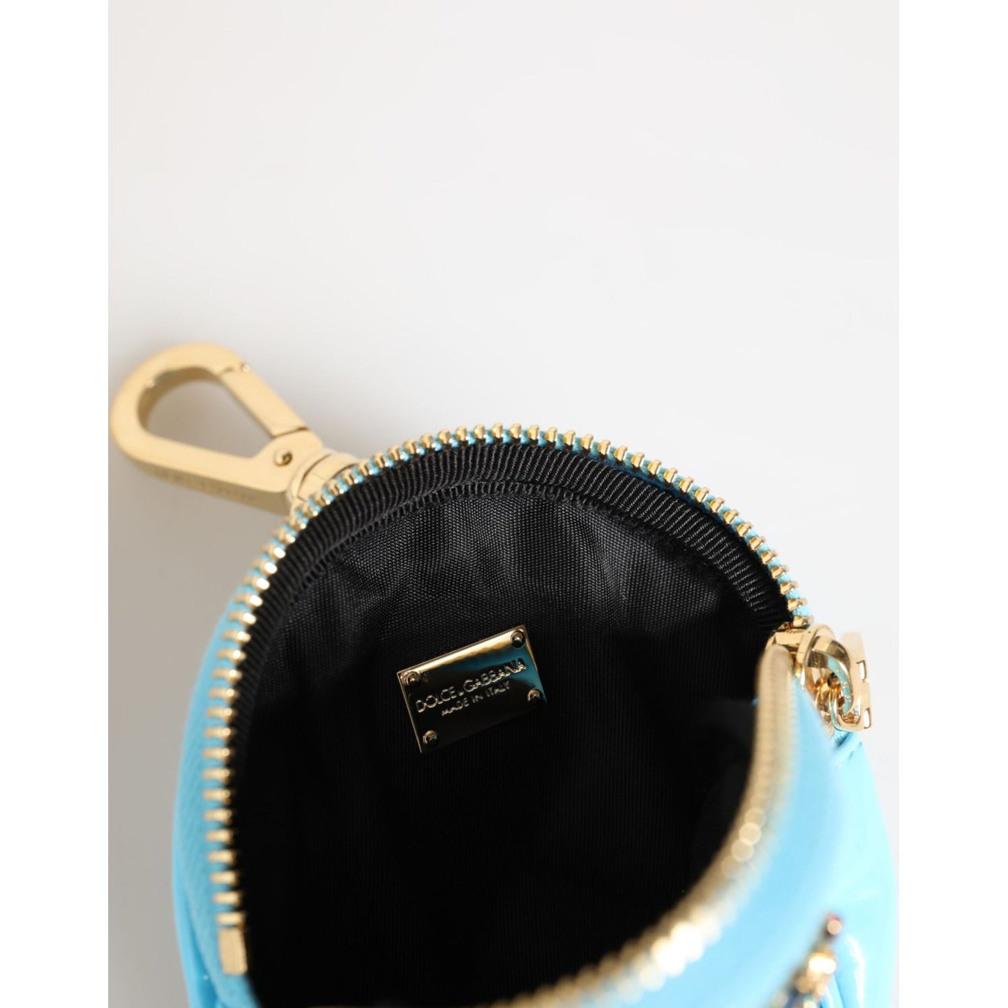 Dolce & Gabbana Azure Blue Leather Round Coin Purse Keychain Crystal Logo Wallet with zip and keyring clasp