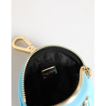 Dolce & Gabbana Azure Blue Leather Round Coin Purse Keychain Crystal Logo Wallet with zip and keyring clasp