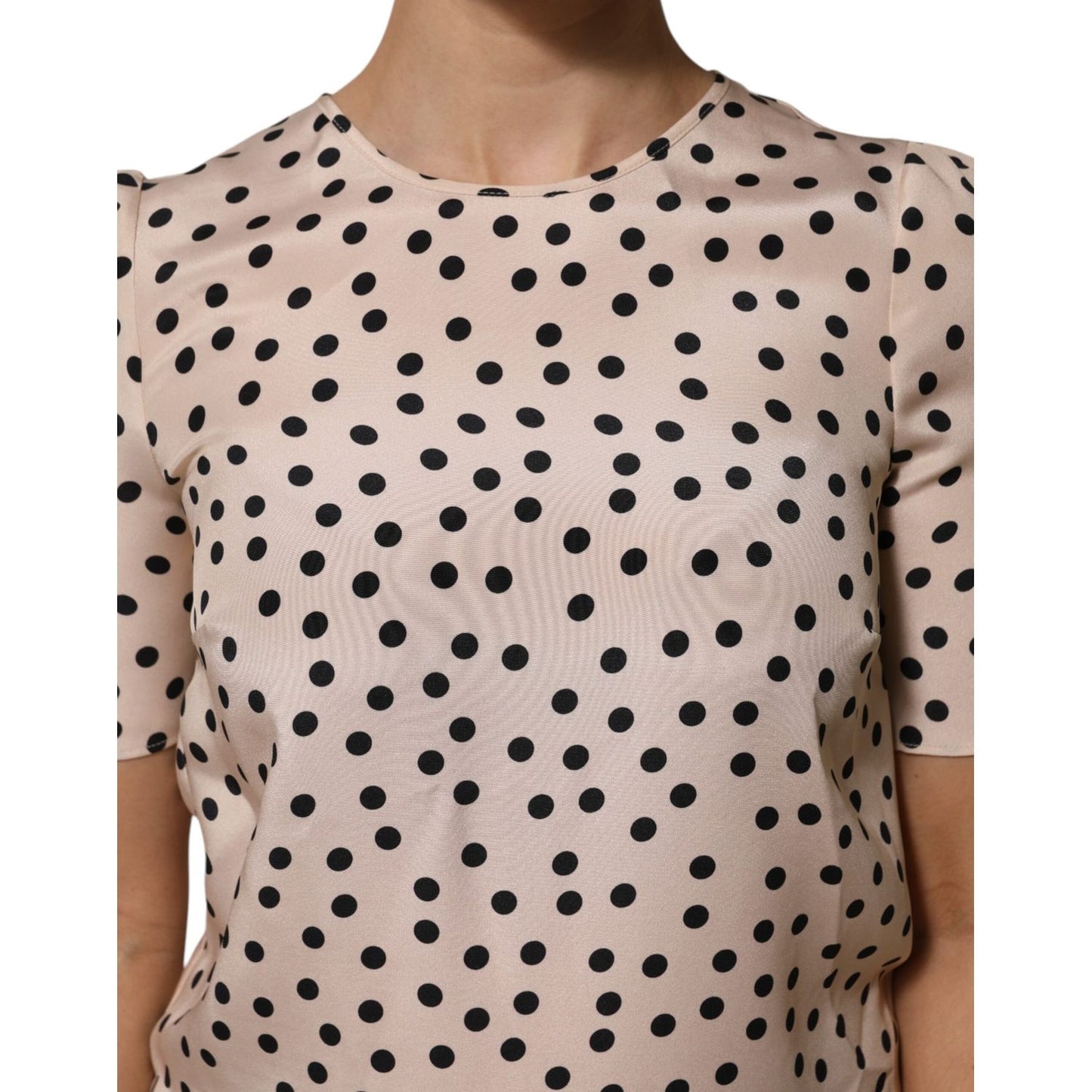 Dolce & Gabbana Beige Black Polka Dot Silk Short Sleeve Blouse Top on model