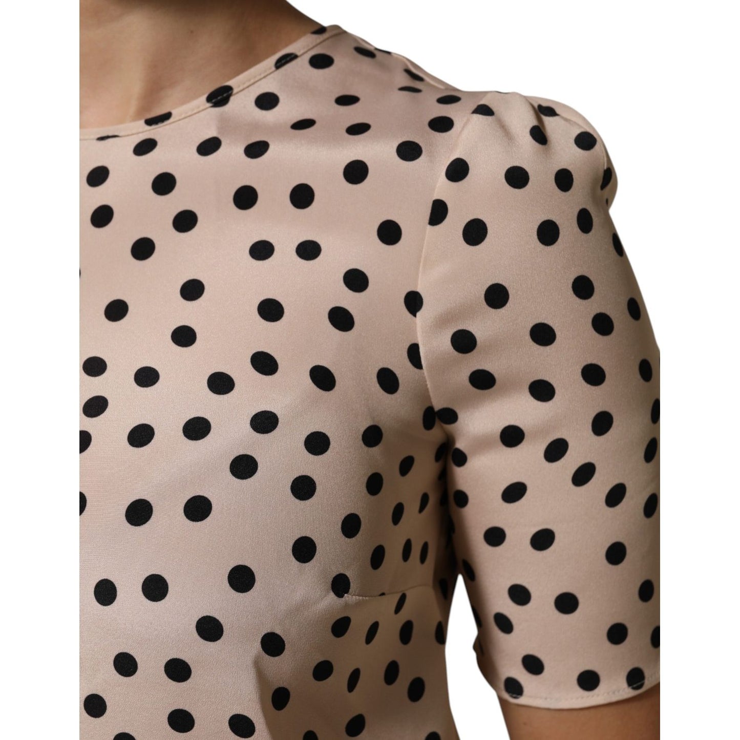 Dolce & Gabbana Beige Black Polka Dot Silk Short Sleeve Blouse Top with round neckline, crafted in Italy.