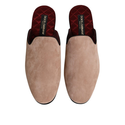 Dolce & Gabbana Beige Capra Suede Slides Flat Slipper Shoes