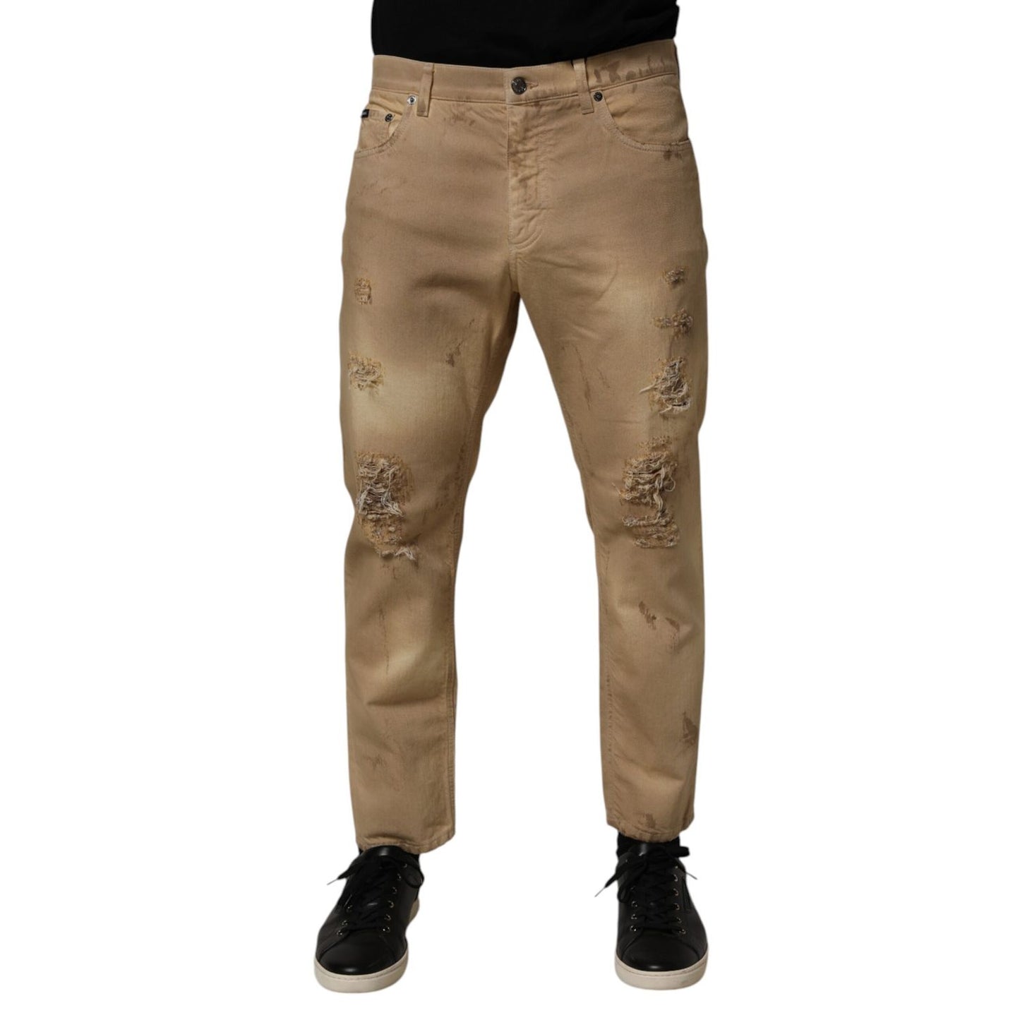Dolce & Gabbana Beige Cotton Loose Tattered Men Denim Jeans with distressed detailing and a relaxed fit, streetwear-inspired fashion.