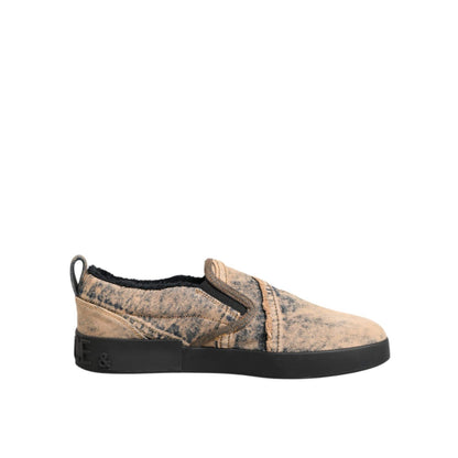 Dolce & Gabbana Beige Cotton Low Top Slip On Sneakers Shoes with rubber sole and designer logo