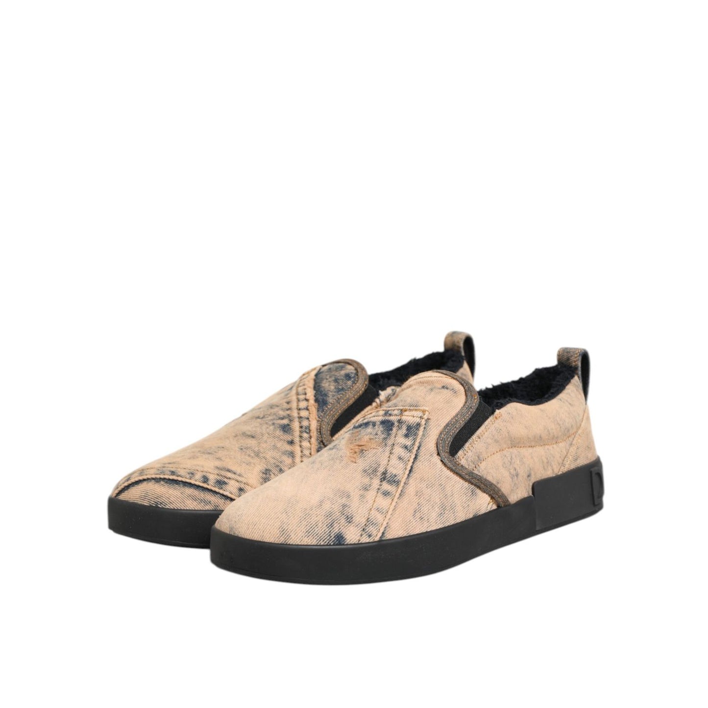 Dolce & Gabbana Beige Cotton Low Top Slip On Sneakers Shoes with black rubber sole
