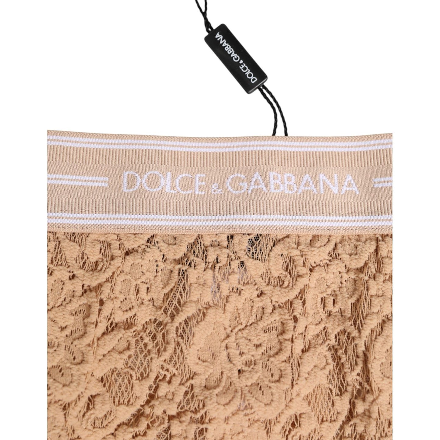 Dolce & Gabbana Beige Lace Nylon High Waist Panty Underwear with intricate detailing and logo on waistband.