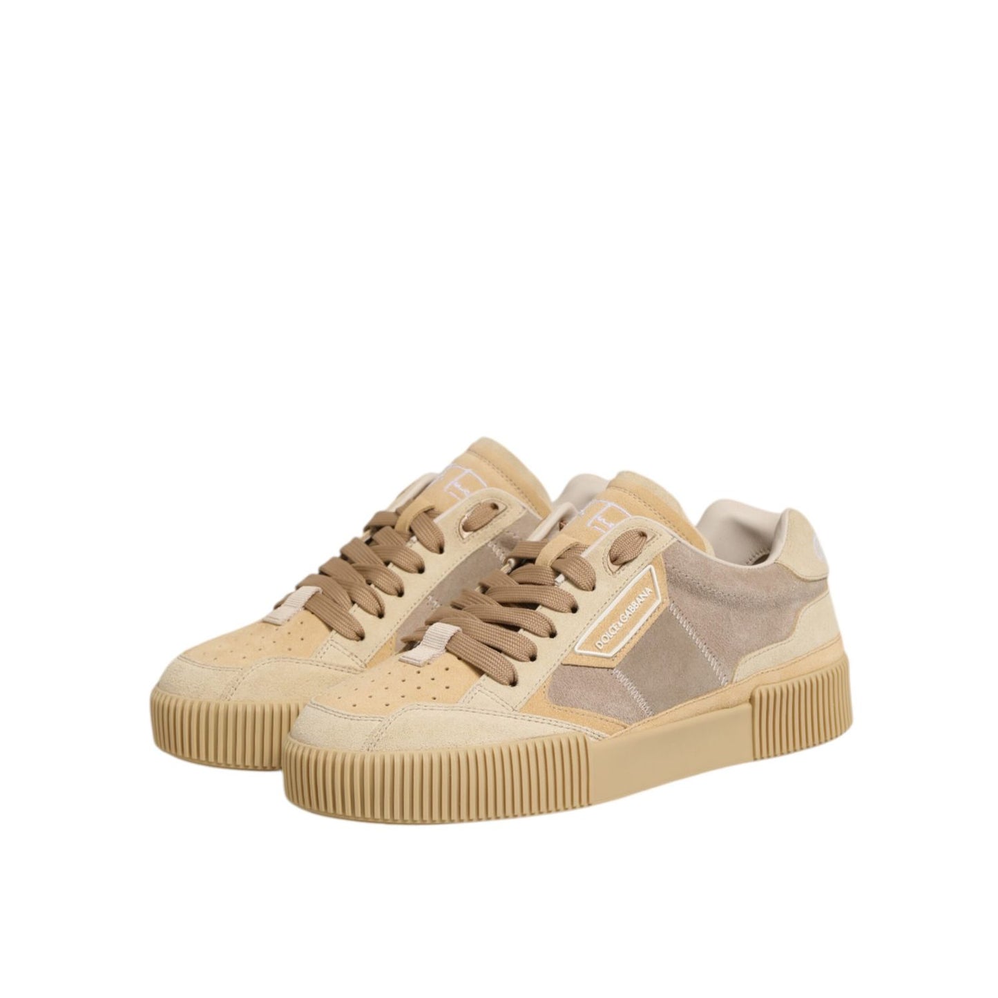 Dolce & Gabbana Beige Leather Miami Low Top Sneakers Men Shoes with classic silhouette and lace-up design on a white background.