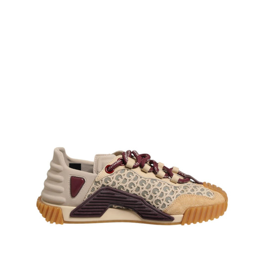 Dolce & Gabbana Beige Neoprene DG Logo NS1 Lace Sneakers Shoes featuring burgundy laces and geometric rubber sole, crafted in Italy.