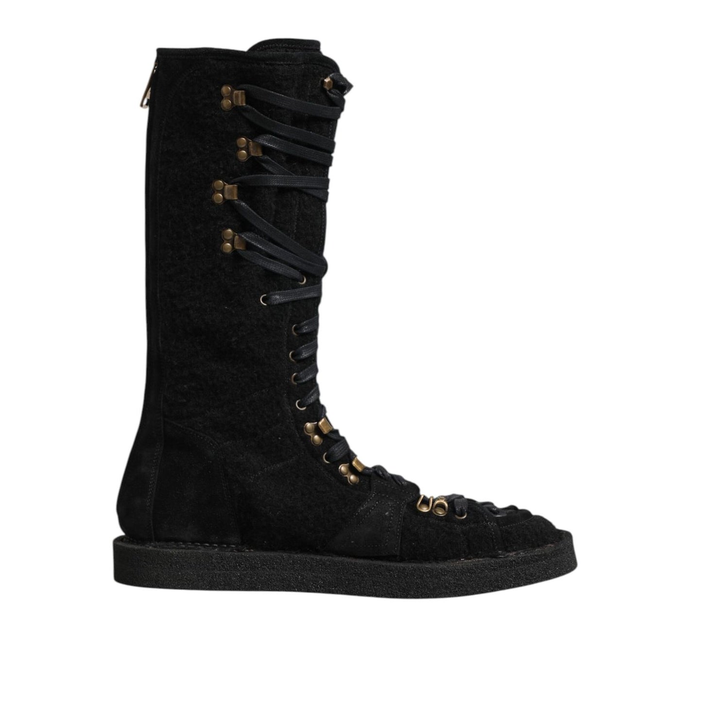 Dolce & Gabbana Black Alpaca Wool Suede Mid Calf Boots Shoes with laces and rich texture, perfect for elegant cold-weather style.