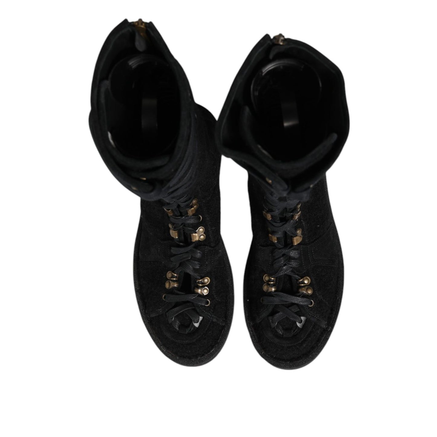 Dolce & Gabbana Black Alpaca Wool Suede Mid Calf Boots Shoes top view, showcasing luxury design and craftsmanship in black suede.