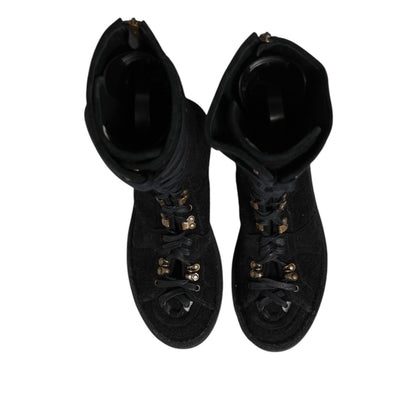 Dolce & Gabbana Black Alpaca Wool Suede Mid Calf Boots Shoes top view, showcasing luxury design and craftsmanship in black suede.