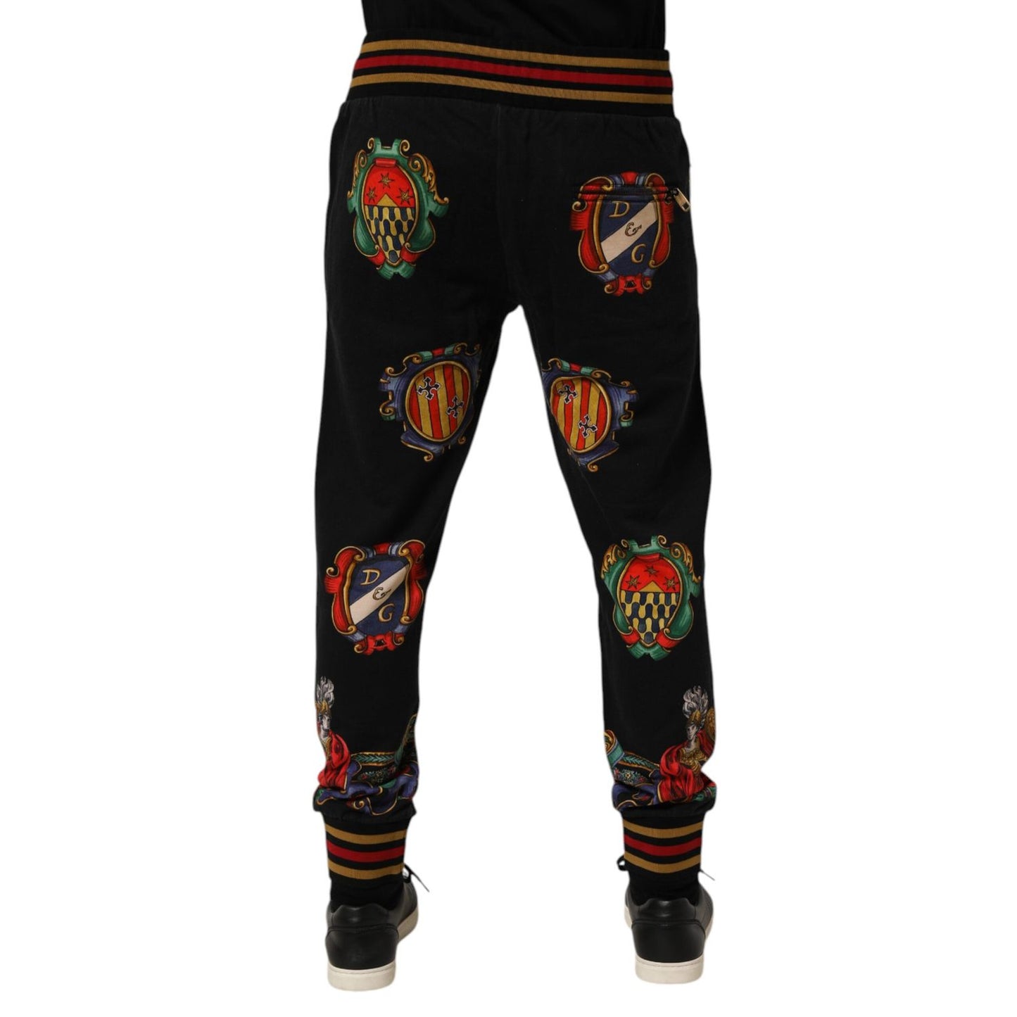 Back view of Dolce & Gabbana Black Baroque Crest Logo Men Trackpants Pants with embroidered crest details.