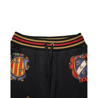 Dolce & Gabbana Black Baroque Crest Logo Men Trackpants Pants showing waistband and embroidered logos.