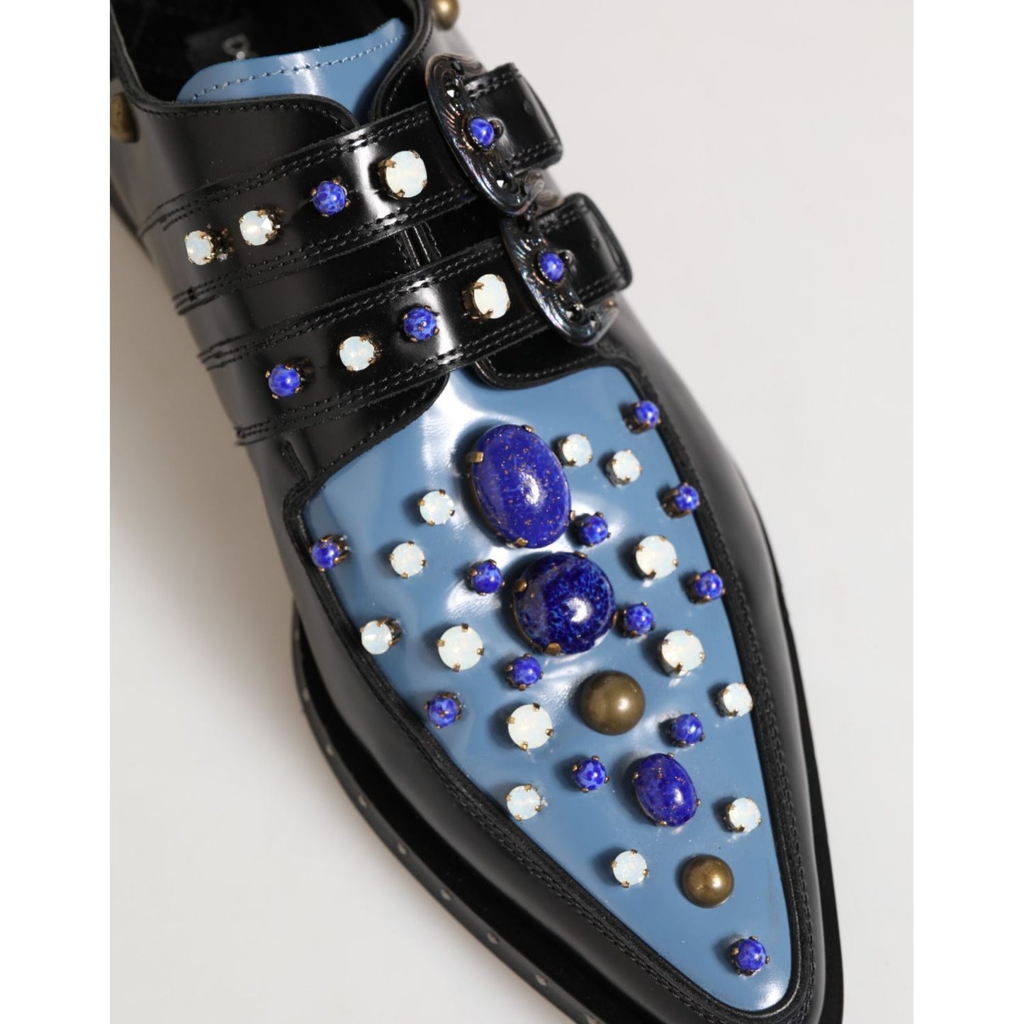 Dolce & Gabbana Black Blue Embellished MONKSTRAP Dress Shoes with elegant blue and white embellishments on smooth leather design.