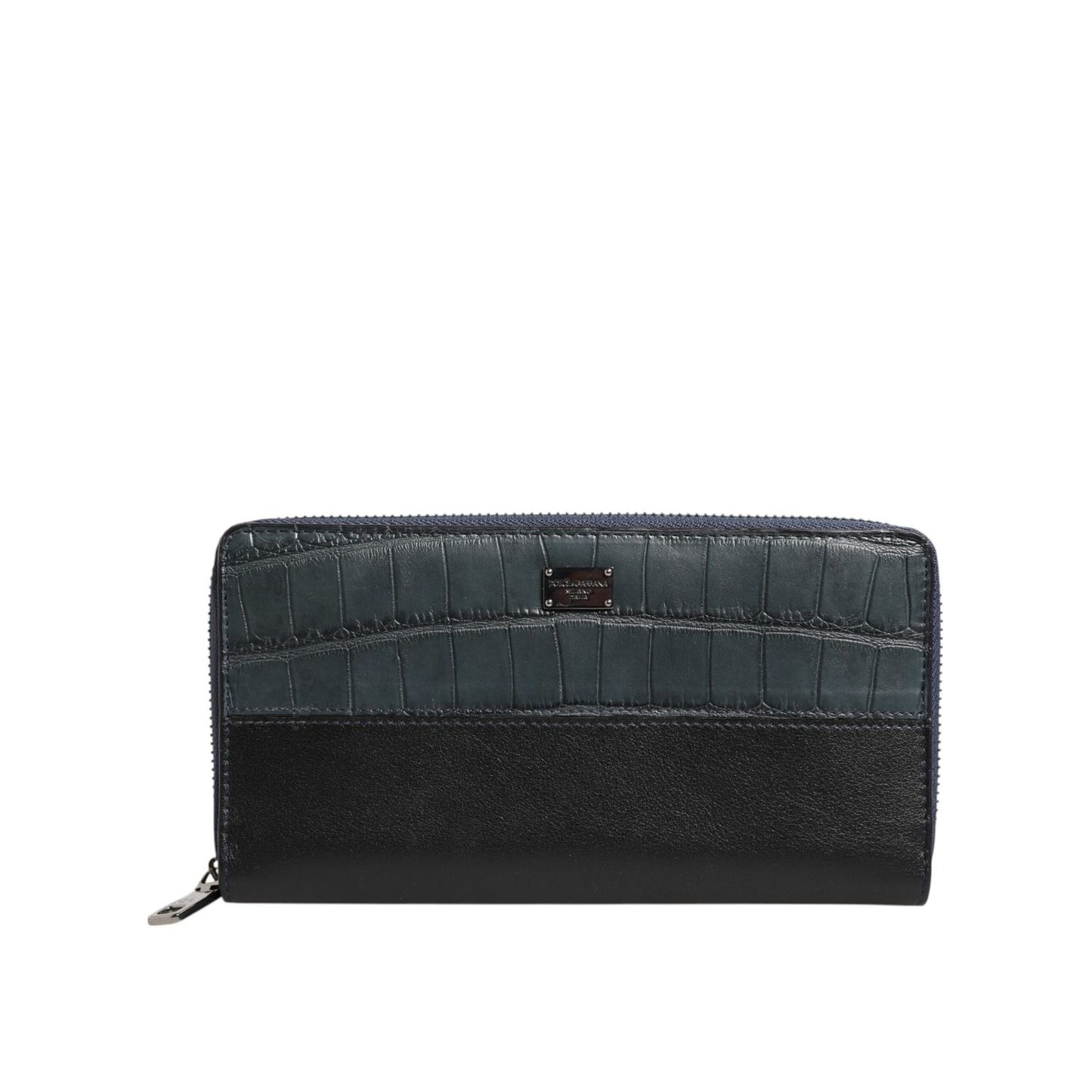 Dolce & Gabbana Black Blue Exotic Leather Men Continental Clutch Wallet with zip-around design and logo plaque.