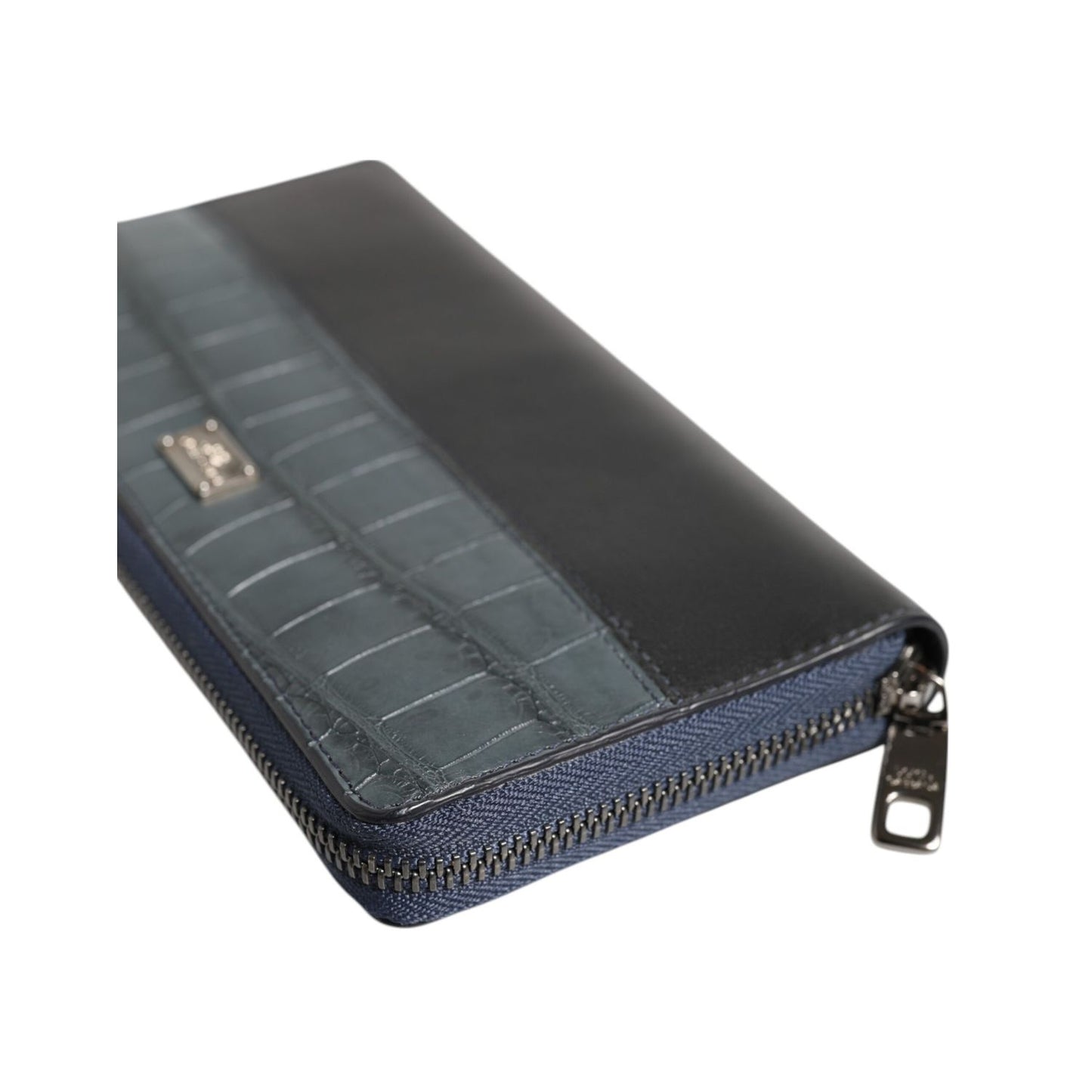 Dolce & Gabbana Black Blue Exotic Leather Men Continental Clutch Wallet with zip-around closure and logo plaque.