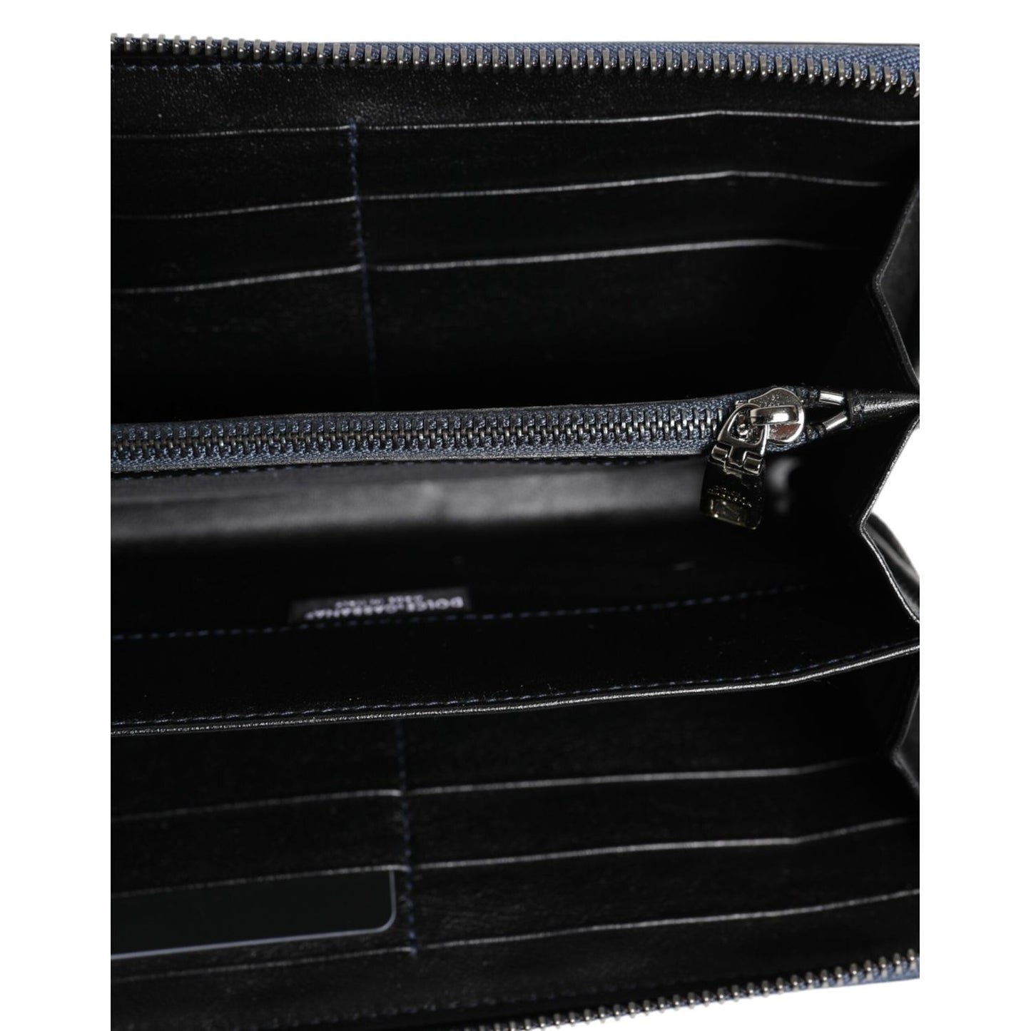 Interior view of Dolce & Gabbana Black Blue Exotic Leather Men Continental Clutch Wallet with card slots and zip pocket.