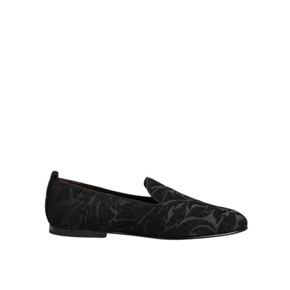 Dolce & Gabbana Black Brocade Loafers Slip On Men Dress Shoes with luxurious fabric and sleek silhouette, perfect for formal events.