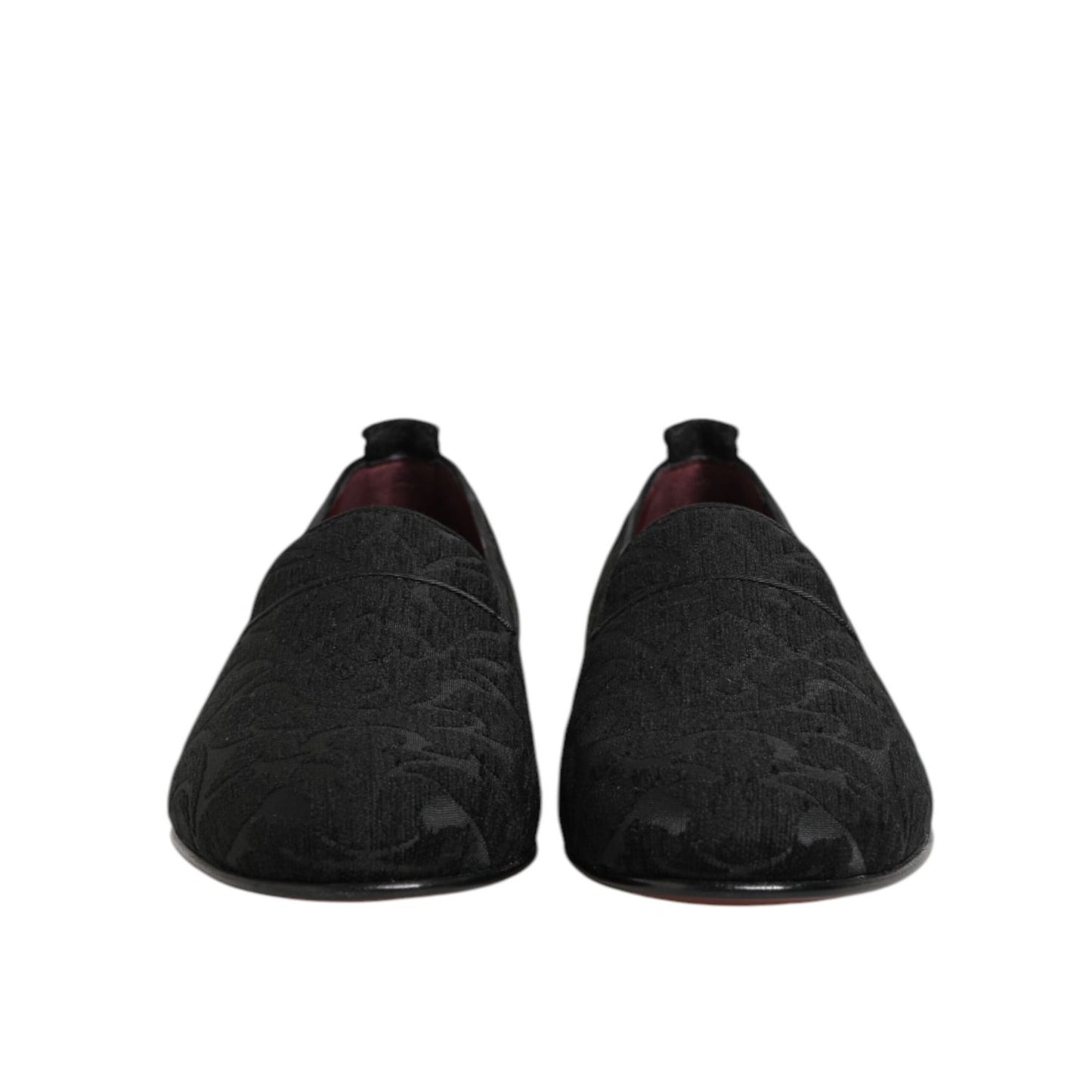Dolce & Gabbana Black Brocade Loafers Slip On Men Dress Shoes front view showcasing luxurious design.