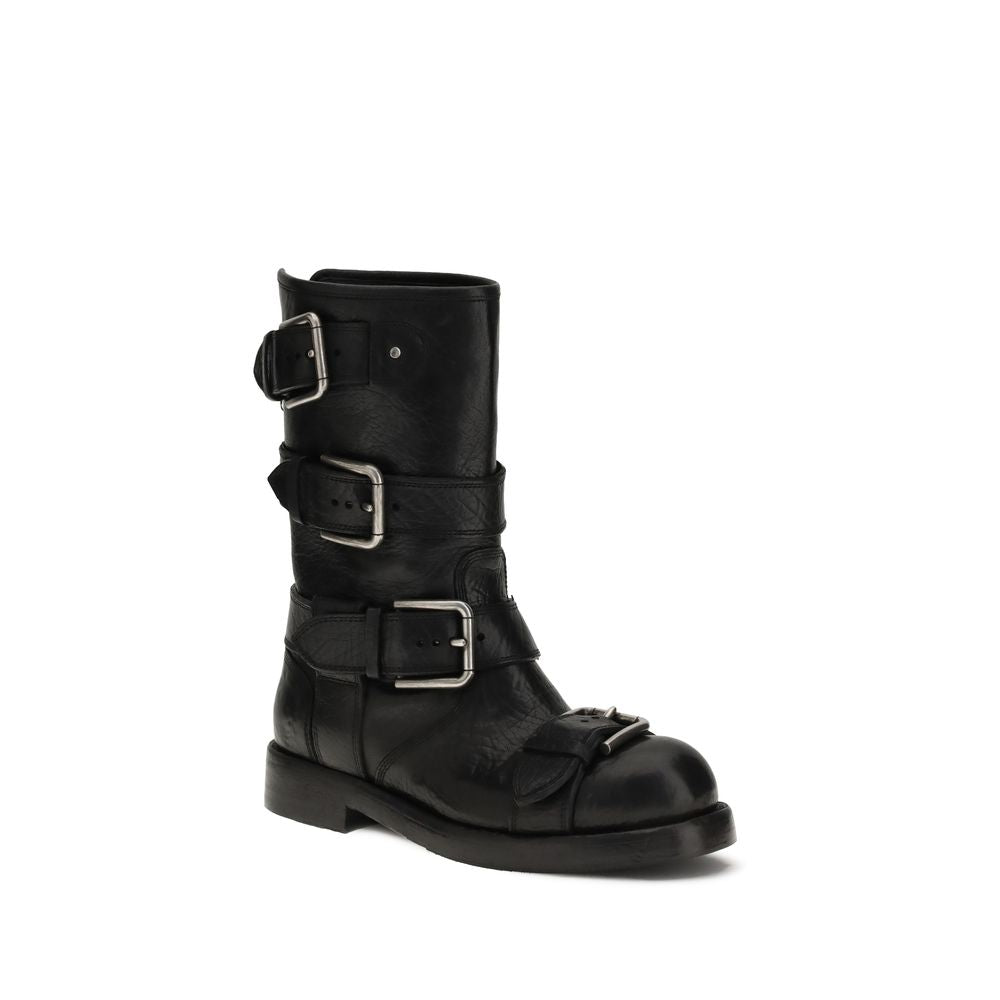Dolce & Gabbana Black Calf Leather Bos Taurus Lace-Up Boots with buckles on white background