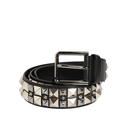Dolce & Gabbana Black Calf Leather Studded Silver Buckle Belt with DG logo plaque and stud detailing, luxury Italian design.