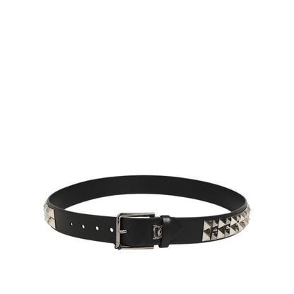 Dolce & Gabbana Black Calf Leather Studded Silver Buckle Belt with DG logo and sleek buckle, luxury Italian design.