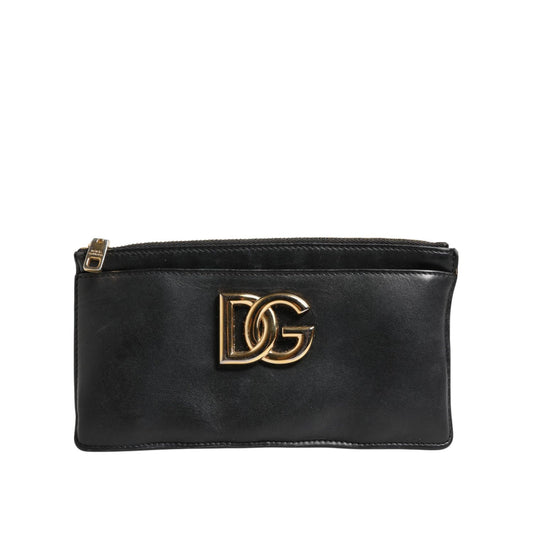 Dolce & Gabbana Black Calfskin Leather DG Logo Women Card Holder Wallet with zipper and metal logo