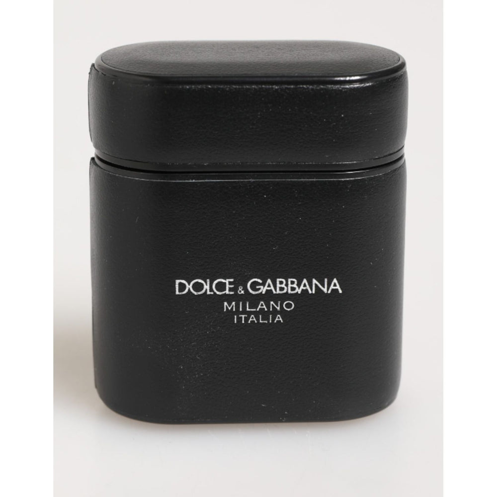 Dolce & Gabbana Black Calfskin Leather Logo Print Flip Holder Airpods Case featuring sleek design and luxury finish
