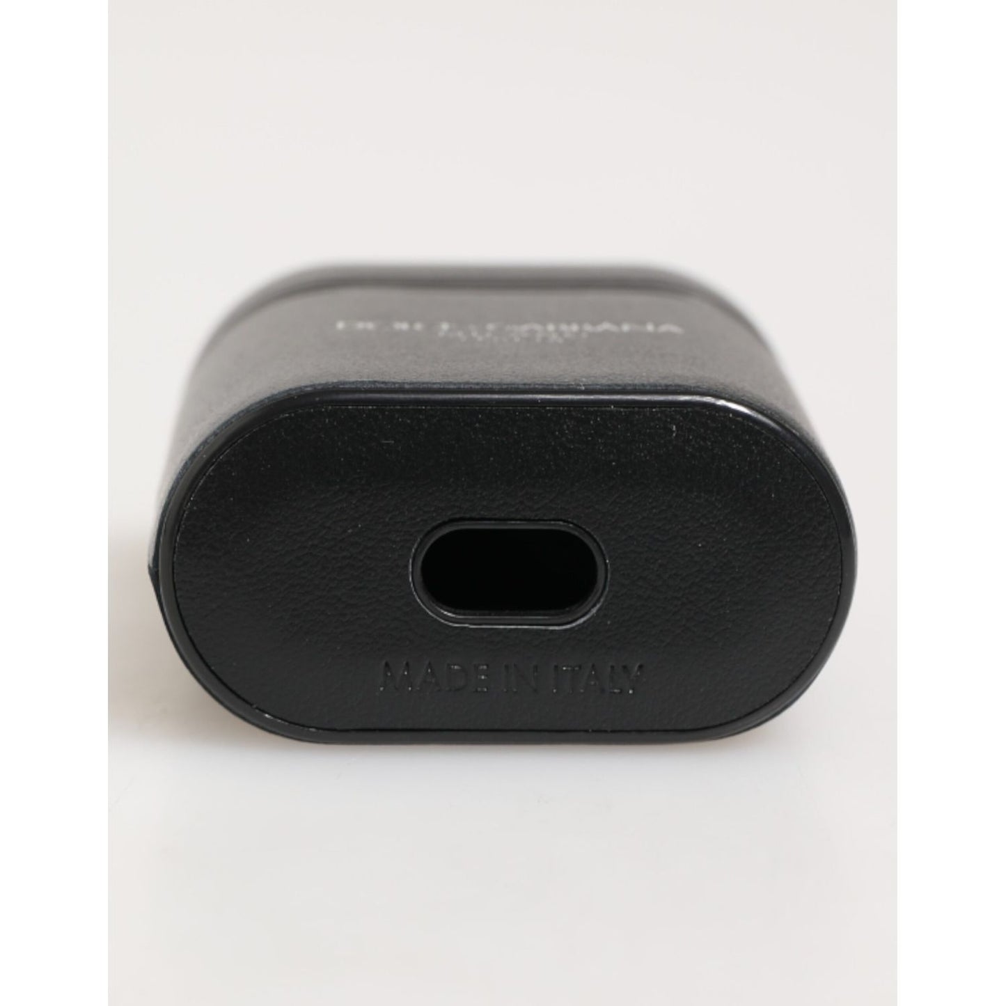 Dolce & Gabbana Black Calfskin Leather Logo Print Flip Holder Airpods Case rear view.