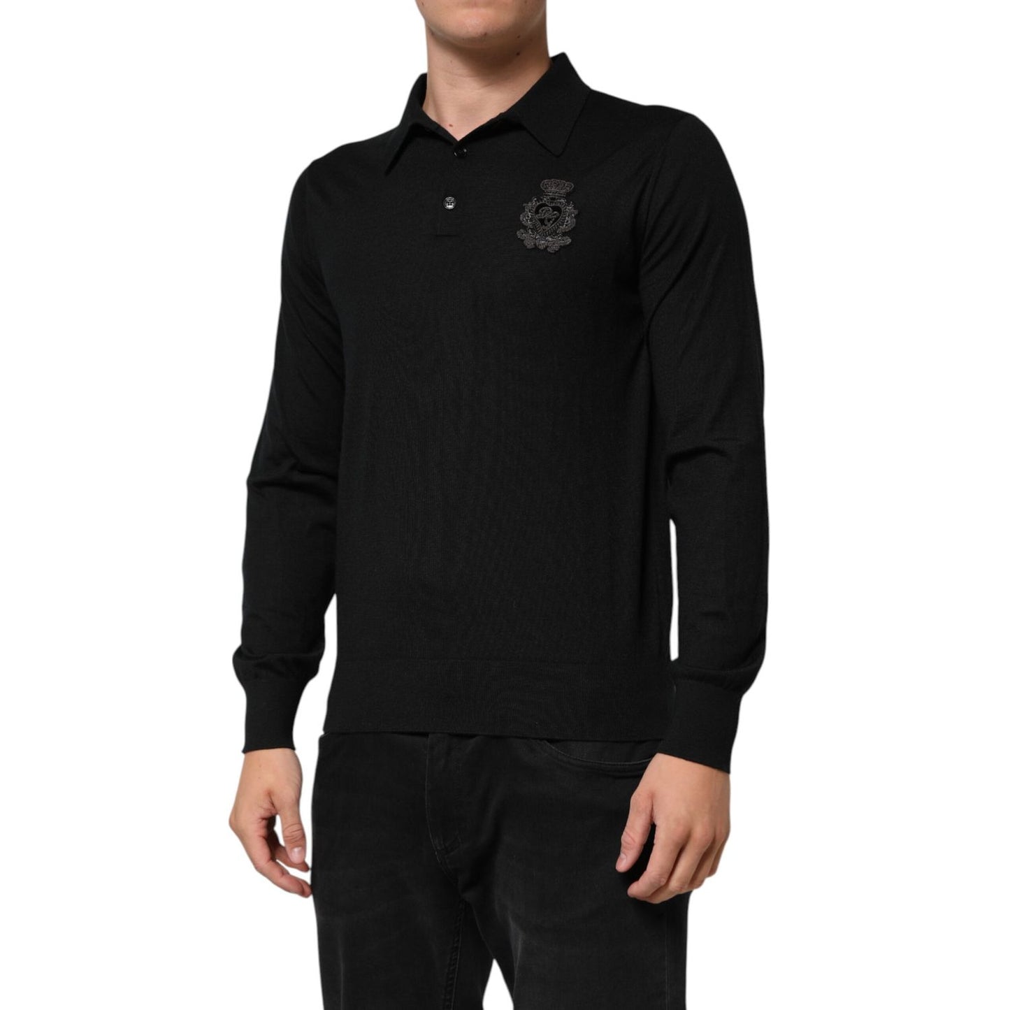 Dolce & Gabbana Black Cashmere Polo Men Longsleeves Sweater with crown crest logo, 100% cashmere, made in Italy.