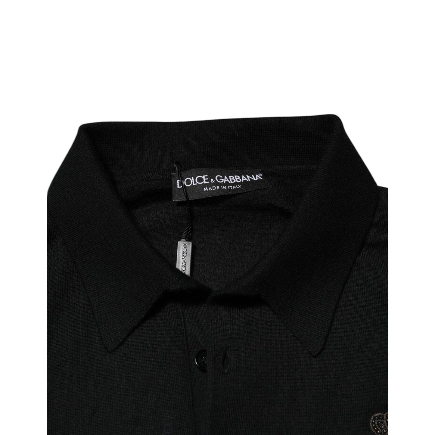 Dolce & Gabbana Black Cashmere Polo Men Longsleeves Sweater with embroidered logo and classic collar detail.