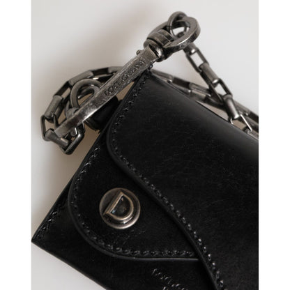 Dolce & Gabbana Black Cavallo Leather Wallet Chain Snap Bifold Card Holder