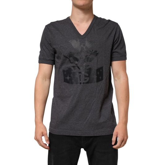 Dolce & Gabbana Black Charcoal DG Logo V-Neck Men T-shirt, sleek design with subtle tonal graphic, luxurious cotton, model wearing shirt.