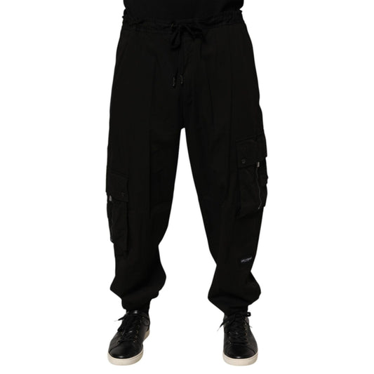 Dolce & Gabbana Black Cotton Cargo Jogger Sweatpants Pants featuring multiple cargo pockets and ribbed cuffs for a stylish casual look.