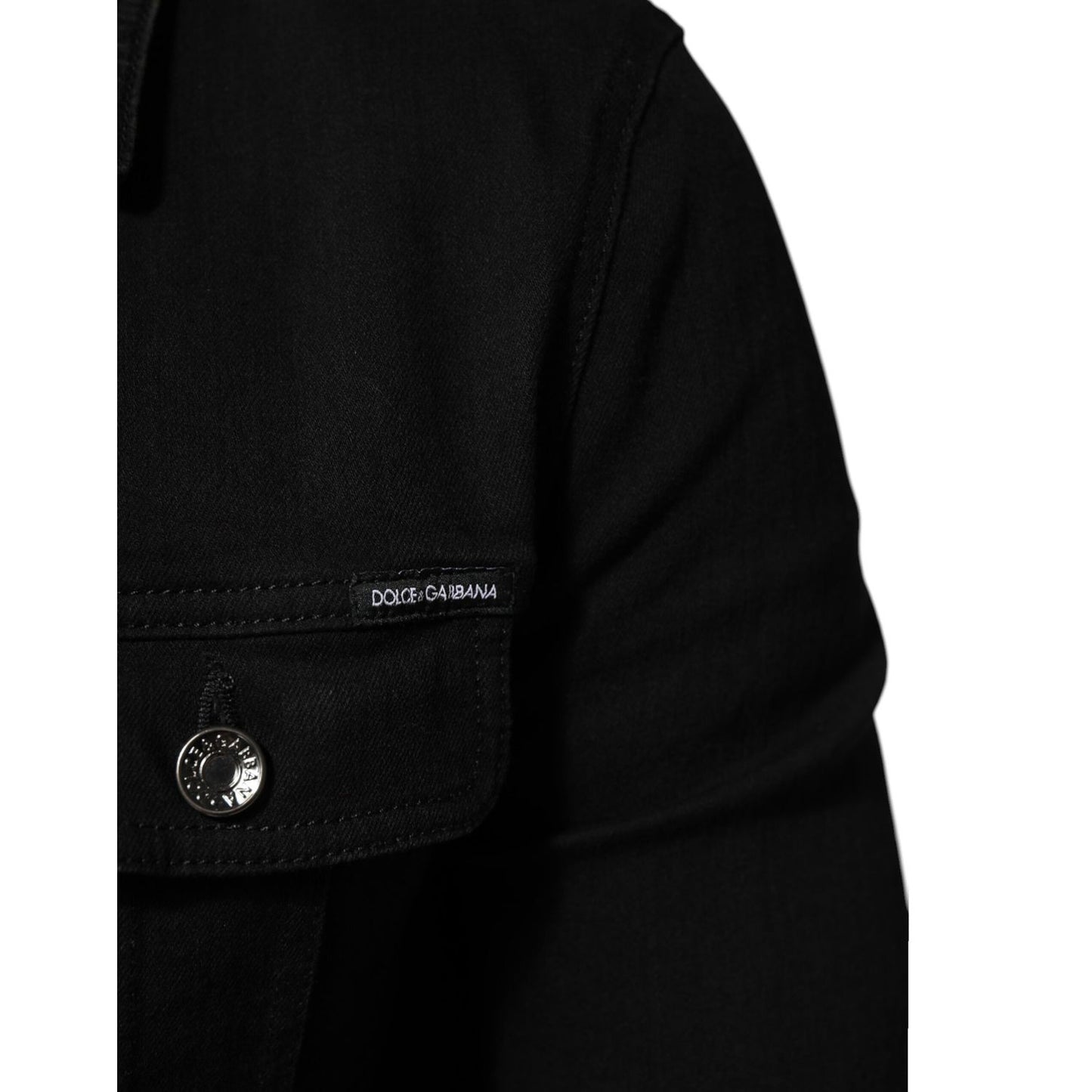 Dolce & Gabbana Black Cotton Denim Stretch Button Up Jacket with logo detail and button on chest pocket.