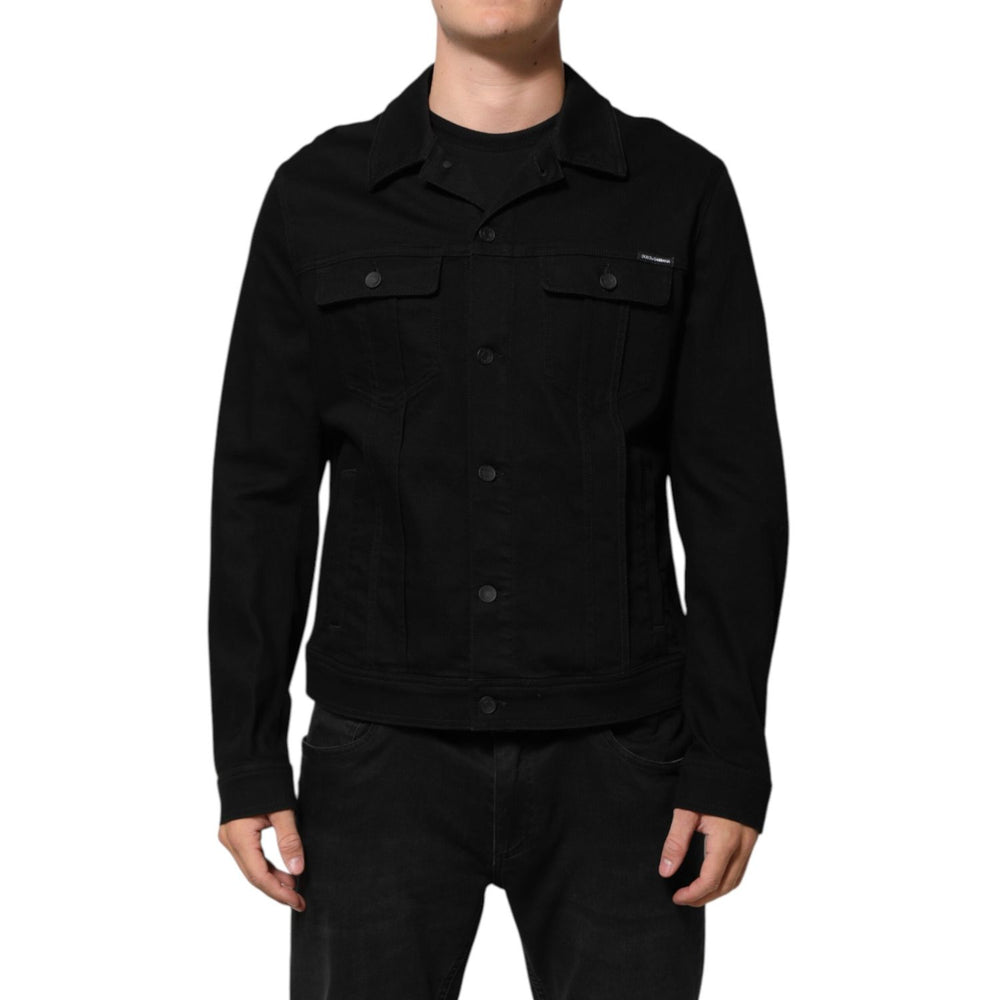 Dolce & Gabbana Black Cotton Denim Stretch Giubbotto Jacket, blouson style with button closure, chest pockets, tailored fit, made in Italy.