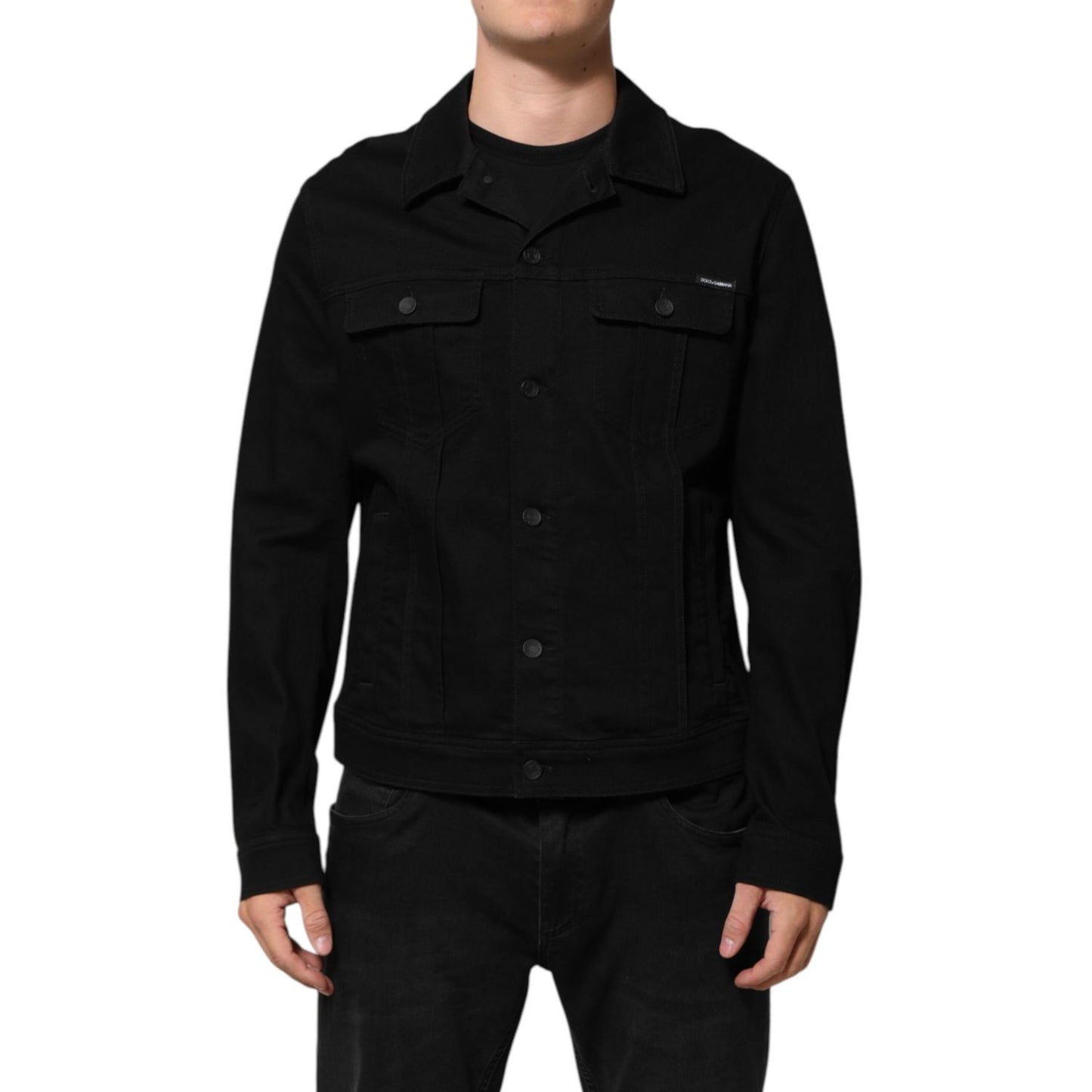 Dolce & Gabbana Black Cotton Denim Stretch Giubbotto Jacket, blouson style with button closure, chest pockets, tailored fit, made in Italy.