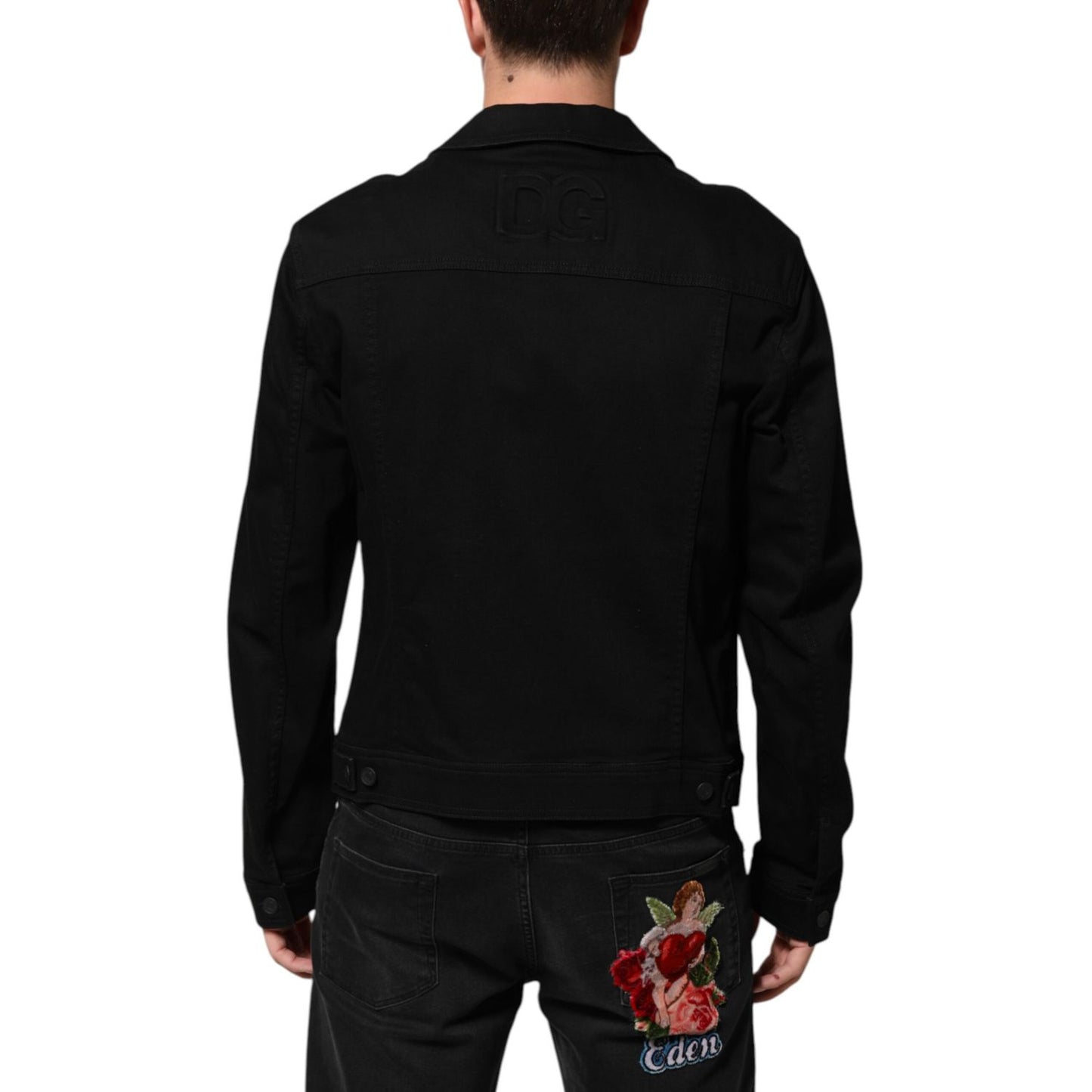 Dolce & Gabbana Black Cotton Denim Stretch Giubbotto Jacket with logo details, back view of tailored fit, crafted in Italy.
