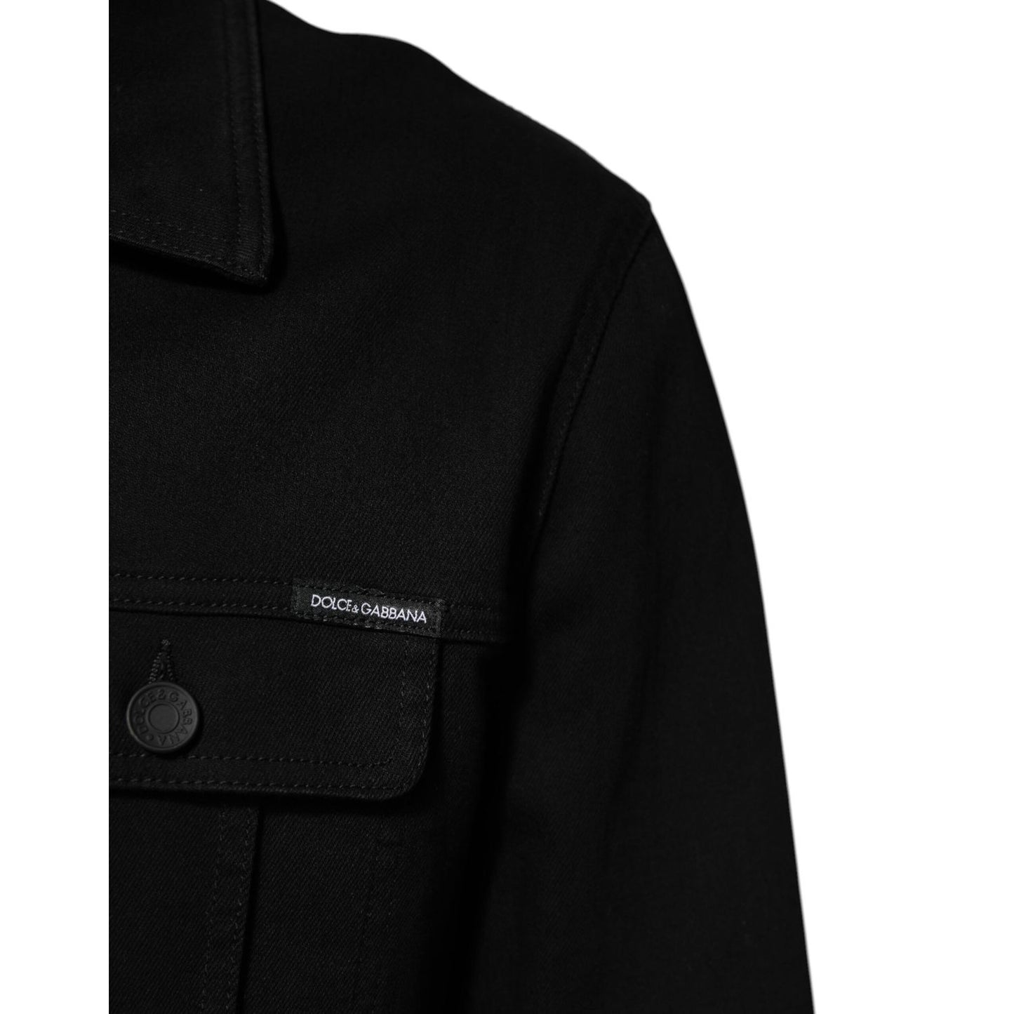 Dolce & Gabbana Black Cotton Denim Stretch Giubbotto Jacket with button closure and logo detail.