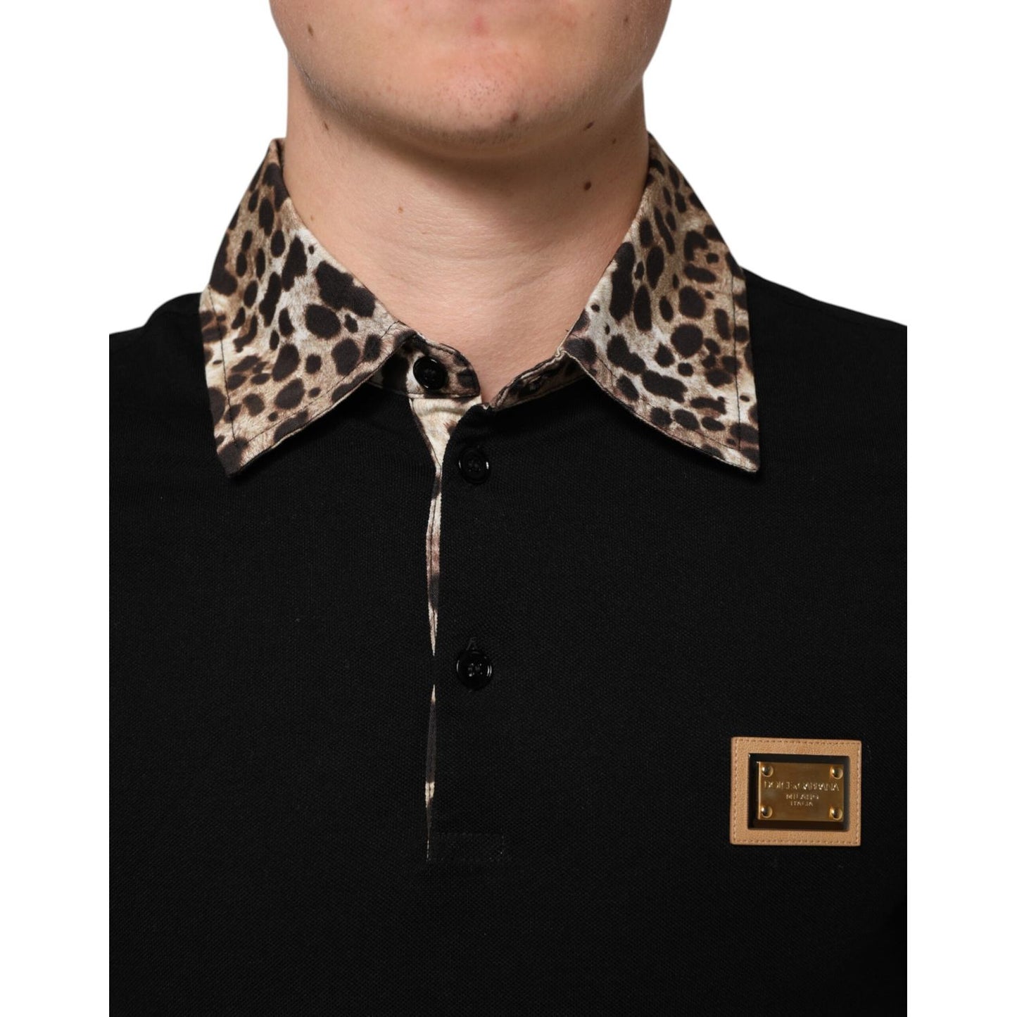 Dolce & Gabbana Black Cotton Leopard Collar Polo T-shirt with logo patch and leopard print collar detail.