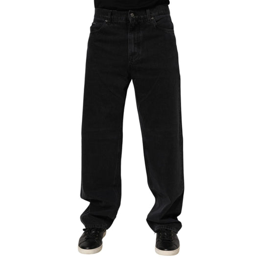 Dolce & Gabbana Black Cotton Logo Men Mid Waist Denim Jeans with zipper and button closure, showcasing Italian craftsmanship.