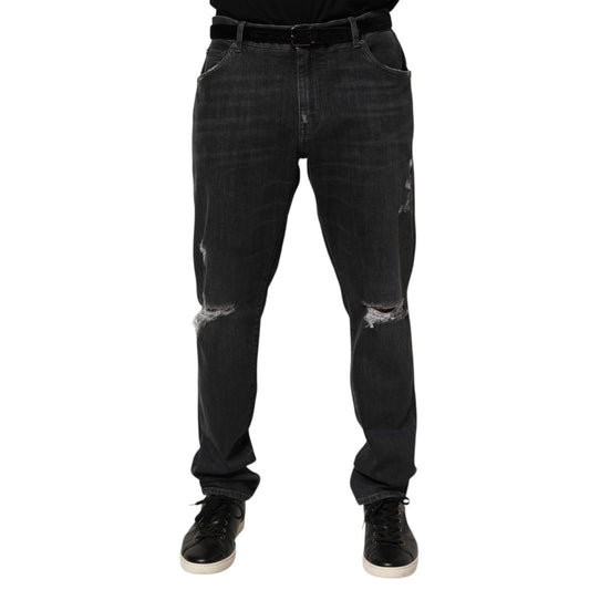 Dolce & Gabbana Black Cotton Slim Fit Distressed Ripped Logo Jeans front view.