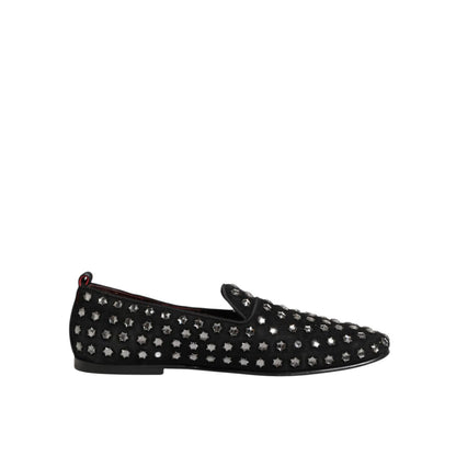 Dolce & Gabbana Black Crystal Embellished Loafers Dress Shoes with sparkling crystal adornments, side view.
