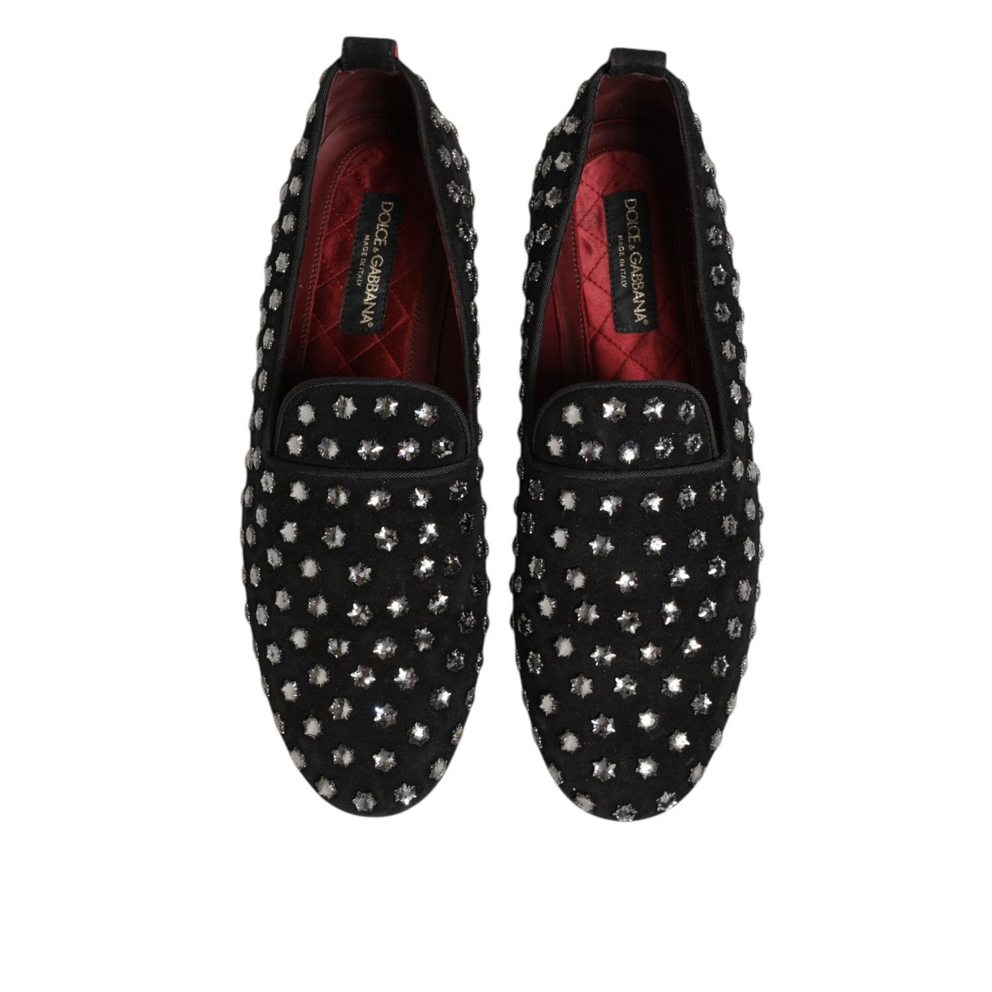 Dolce & Gabbana Black Crystal Embellished Loafers Dress Shoes, preowned slip-on with sparkling embellishments, luxurious designer footwear.