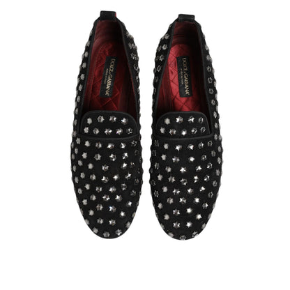 Dolce & Gabbana Black Crystal Embellished Loafers Dress Shoes, preowned slip-on with sparkling embellishments, luxurious designer footwear.