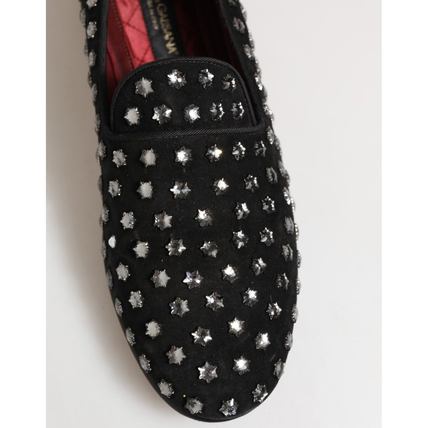 Dolce & Gabbana Black Crystal Embellished Loafers Dress Shoes with star-shaped gems on black fabric
