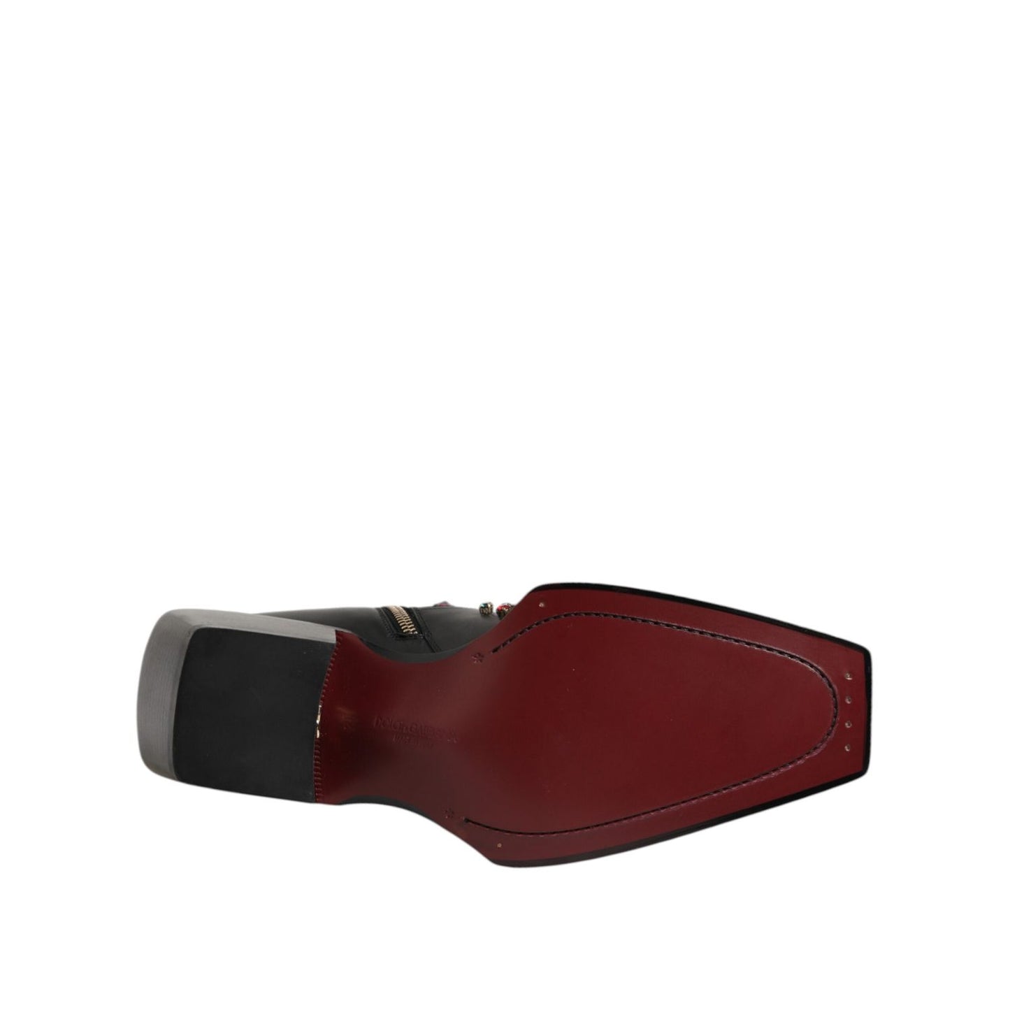 Sole of Dolce & Gabbana Black Crystal Embellished Men Short Boots Shoes, featuring sleek black design and red sole with ankle-height elegance.