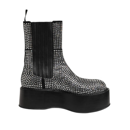 Dolce & Gabbana Black Crystal Strass Mid Calf Short Boots Shoes with dazzling embellishments on black leather and thick sole.